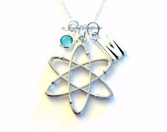 Science Jewelry, Atom Necklace Gift for Scientist Initial Birthstone birthday molecule present Neutron Nucleus Geek Nerd Chemist Chemistry