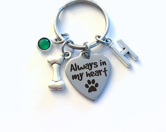 Loss of Dog Keychain, Always in my heart Key Chain, Doggie Keyring, Gift for Sympathy Letter initial pet Birthstone Initial Present Jewelry