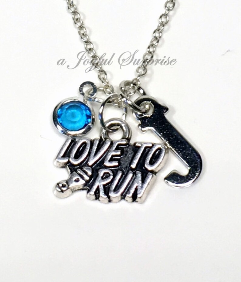Silver Running Jewelry Pendant Gift for Marathon Runner Present Athlete Jewelry Personalized Initial Birthstone letter Love to Run Necklace
