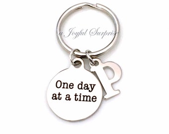 Recovering Addict Key Chain, One Day at a Time Gift for Sponsor Gift, Alcoholics Anonymous KeyChain AA Keyring with Initial letter custom NA