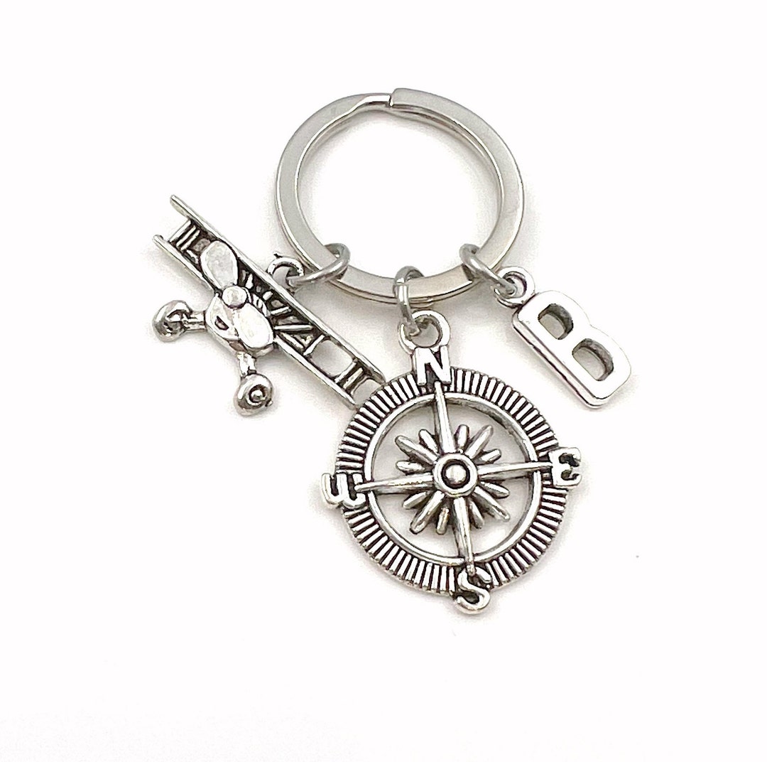 Airplane Keychain, Pilot's Key Chain, Compass Keyring, Silver Propeller