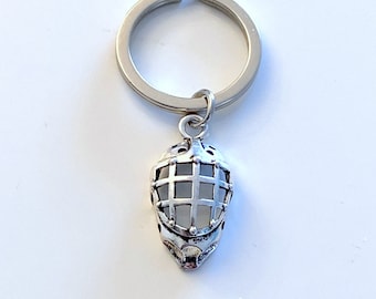 Goalie Helmet Keychain, Face Mask Key Chain Hockey Player Gift, Dad Coach Mom Keyring Lacrosse Rugby Keeper Silver Pewter Charm Him Her team