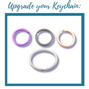 May include: Four circular metal split rings for keys, featuring the text Upgrade your Keychain: at the top. The set includes one purple, one dark gray, one rose gold, and one larger silver ring, all arranged within a teal rectangular border.