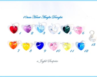 Add on a glass heart shaped colored dangle to any listing, 10mm birthstone crystal glass dangle