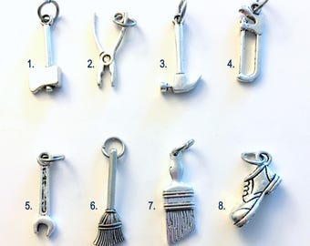 Construction Tool Worker Charm Add on to listings single Pendant Silver Ax, Pliers, Work Boots, Paint Brush, Hammer, Saw, Broom, Wrench Men