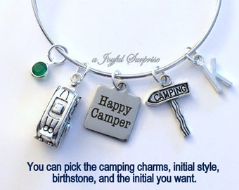 Camping Bracelet, Gift for Happy Camper Jewelry RV Camp Staked Sign Trailer Charm Bangle Silver initial Birthstone Friend Present Women her