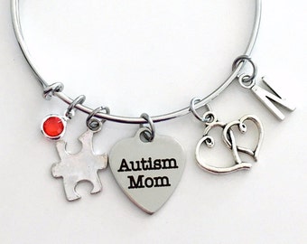 Autism Mom Jewelry, Autism Awareness Charm Bracelet Puzzle Bangle initial Birthstone Present Women Woman Autistic Symbol Double Heart Mother