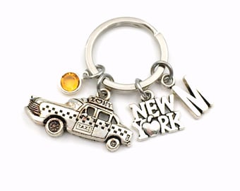 New York KeyChain, New York Taxi Key Chain, The Big Apple I love New York Keyring, NYC Gift Jewelry Personalized Initial Birthstone custom