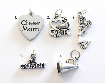 Cheerleading Charm, Add on to any of my listings 1 single Pendant, Silver Cheerleader I love to Cheer Mom Megaphone Pom coach Pewter Charms