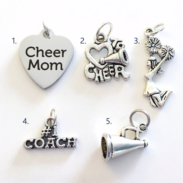 Cheerleading Charm, Add on to any of my listings 1 single Pendant, Silver Cheerleader I love to Cheer Mom Megaphone Pom coach Pewter Charms