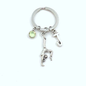 Gymnast Keychain, Gymnastic Keyring, Gymnast Key Chain, Birthday Gift For girl boy son or daughter, with birthstone initial teenage silver
