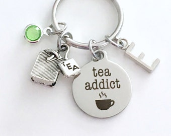 Tea Addict KeyChain, Bag Keyring, Gift for Tea Lover Key chain Silver Jewelry Drink Party Charm Initial Birthstone birthday present Teacher