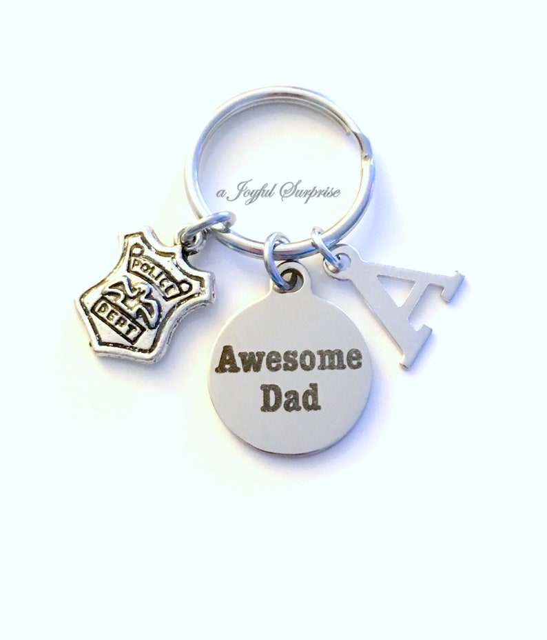 Policeman Man Men Emblem Keyring Awesome Dad Initial Letter Gift for Police Dad Keychain Father/'s Day present Officer Shield Key Chain