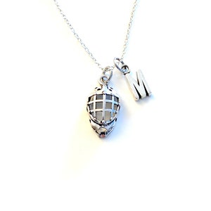Goalie Necklace, Silver Helmet Mask Jewelry, Hockey Keeper Jewelry, Gift for Goalie, Birthday Present with silver initial for Son, Daughter