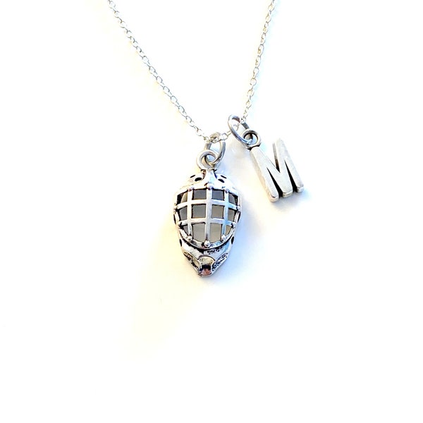 Goalie Necklace, Silver Helmet Mask Charm, Hockey Keeper Jewelry, Gift for Goalie, Pewter Pendant Birthday Present with silver initial 196