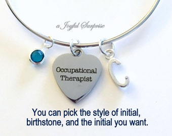OT Bracelet, Occupational Therapist Gift for OT Student Grad Silver Charm Bangle,  initial birthstone, letter custom, personalized jewelry