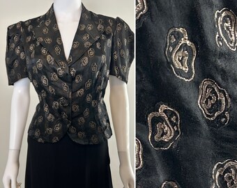 Vintage 1940s Satin and Gold Puff Sleeve Blazer / 40s formal evening wear / Size L XL