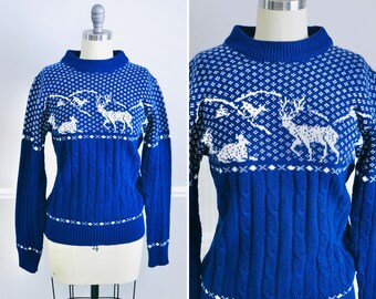 Pull imprimé fantaisie bleu vintage des années 1980 / Pull de Noël des années 80 / Taille M