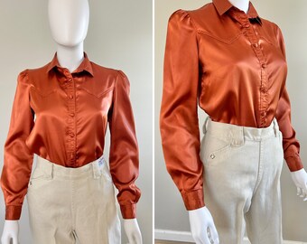 Vintage 1970s Satin Western Blouse / 70s retro terra cotta top / Size XS S