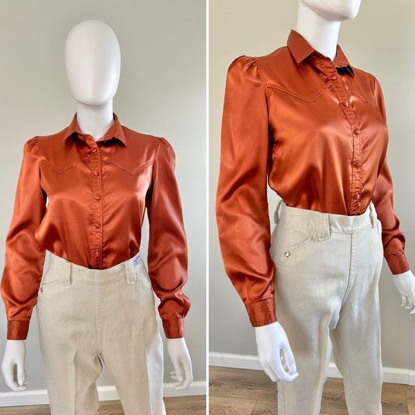 Vintage 1970s Satin Western Blouse / 70s retro terra cotta top / Size XS S