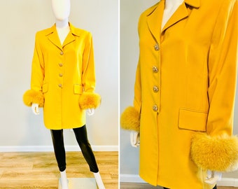 Blazer jaune vintage des années 1990 avec poignets en fourrure / Blazer grande taille VTG des années 90 / Taille XL