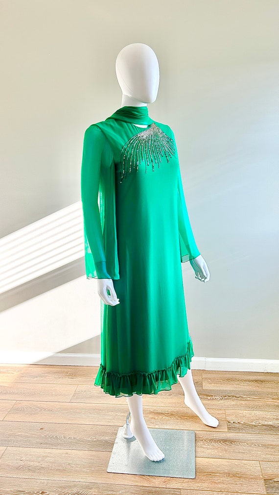 Vintage 1970s Green Chiffon Nat Kaplan Dress / 70… - image 4