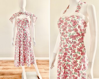 Vintage 1950s Linen Floral Sundress with Caplet / 50s Retro Dress / Size S