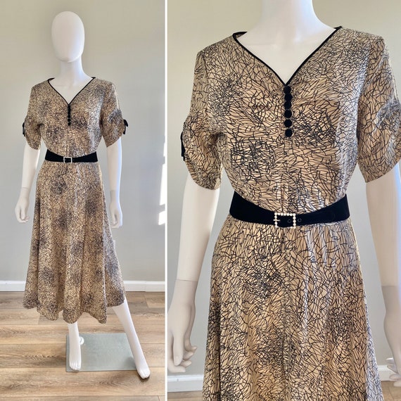 Vintage 1950s Champagne Abstract Print Dress / 50… - image 1