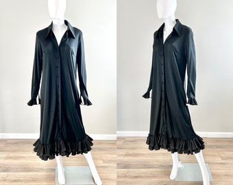 Vintage 1970s Black Victor Costa Dress / 70s Shirtdress / Size M