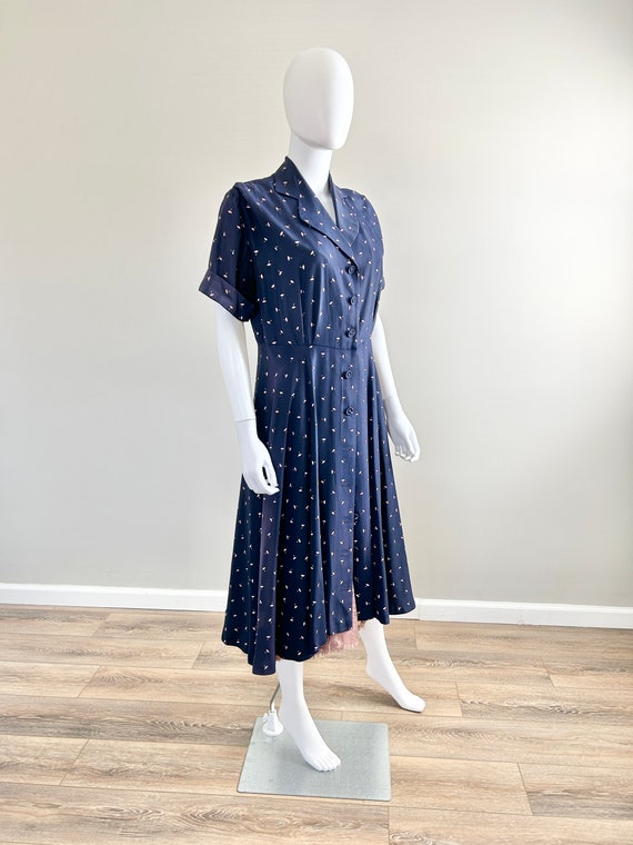 Vintage 1950s Navy Blue Floral Shirt Dress / 50s … - image 4