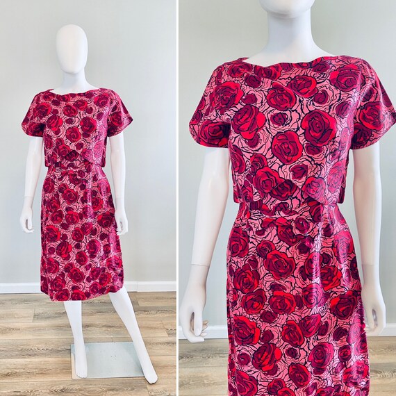 1960s Vintage Rose Print Dress / 60s floral print… - image 1