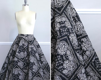 ON SALE Vintage 1950s Hanky Print Quilted Circle Skirt / 50s navy blue fit and flare skirt  size s
