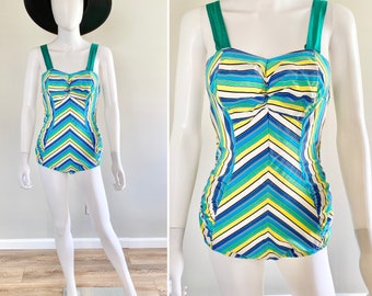 Vintage 1940s Striped Swimsuit / 40s Retro Bathing Suit / 40s Swimwear / Size S