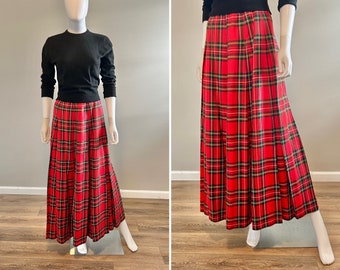 Vintage 1950s Red Tartan Plaid Maxi  / 50s Retro Holiday Skirt / Size XS S