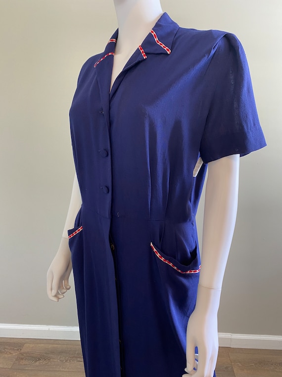 Vintage 1940s Navy Blue Rayon Dress / 40s retro d… - image 3