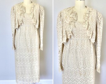 Vintage 1970s Lace Dress and Bolero Set / Boho Gunne Sax Style Victorian revival Size S