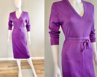 Vintage 1970s Purple Lurex Sweater Dress / 70s retro long sleeve disco dress / Size S M