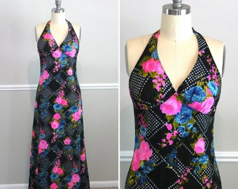 Vintage 1970s Maxi Dress / 70s black boho floral sundress VLV Size S