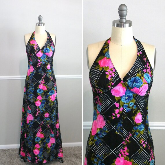 Vintage 1970s Maxi Dress / 70s black boho floral … - image 1