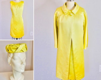 Vintage 1960s Chartreuse Coat and Dress Set / 60s Swing Coat Hat Shift Dress Size S