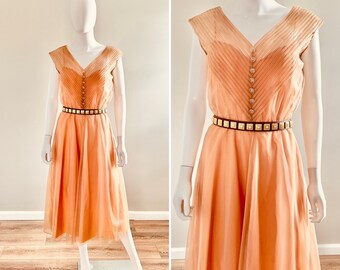 Vintage 1950s Sheer Nylon Dress / 50s retro fit and flare dress / Size M