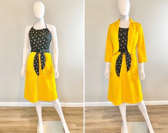 Vintage 1970s Yellow and Navy Blue Floral Sundress and Bolero / 70s retro dress and jacket / Size S