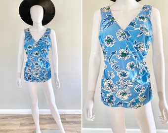 Vintage 1950s Blue Floral Swimsuit / 50s retro bathing suit one piece VLV pin up Size M