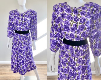 Vintage 1990s Does 1940s Purple Floral Rayon Dress / 90s PLUS SIZED Dress / Size 3XL