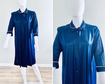 Vintage 1940s Navy Blue Rayon Jersey Robe / 40s lingerie One Size