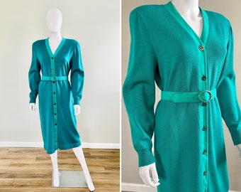 Vintage 1980s Lilli Ann Sweater Dress / 80s Aquamarine Dress / Size S M