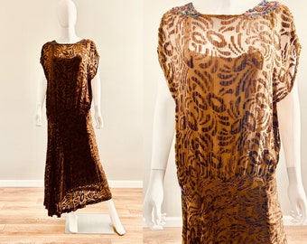 Vintage 1920s Chocolate Burnout Velvet Dress /1920s brown flapper sheer dress / 20s formal beaded dress / Size M L