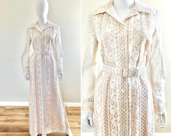 Vintage 1970s White Lace Maxi Dress /70s Retro Party Dress / Size S