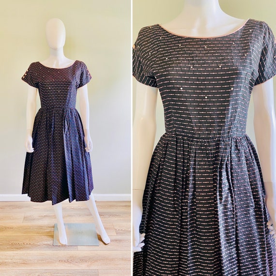 Vintage 1950s Black and Pink Fit and Flare Party … - image 1