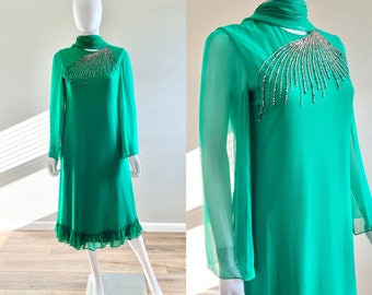 Vintage 1970s Green Chiffon Nat Kaplan Dress / 70s party formal dress / size M